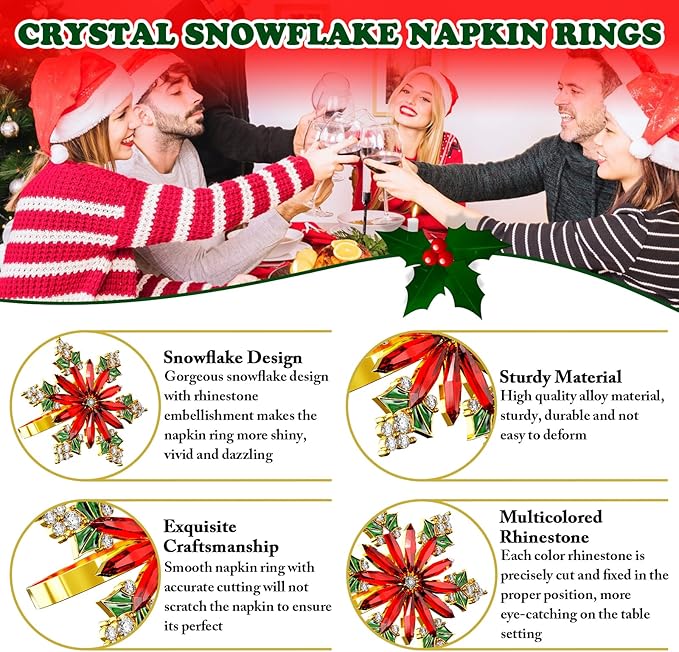 ZeeDix Christmas Crystal Snowflake Napkin Rings Set of 8- Rustic Dinner Tables Setting Decoration for Wedding Receptions, Christmas Holiday Party Dinner Parties