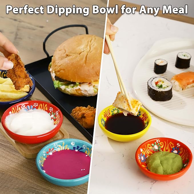 Ceramic Small Bowls, Dipping Bowls Set of 6, 2.5 Oz Soy Sauce Dish, Handmade Charcuterie Bowls, Colorful Pinch Bowls, Dishwasher & Microwave Safe Sauce Bowls, 3.3" Mini Bowls (SULTAN'S GARDEN)