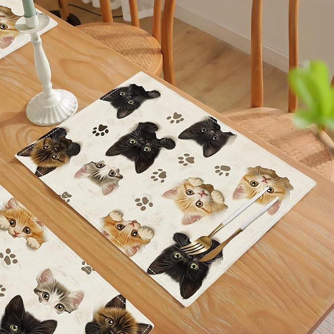 Cat Placemats Set of 4, Cute Black Cats Table Mats, Animal Washable Place Mats for Coffee Bar Home Party Indoor Kitchen Dining Table Decoration 12x18 Inch