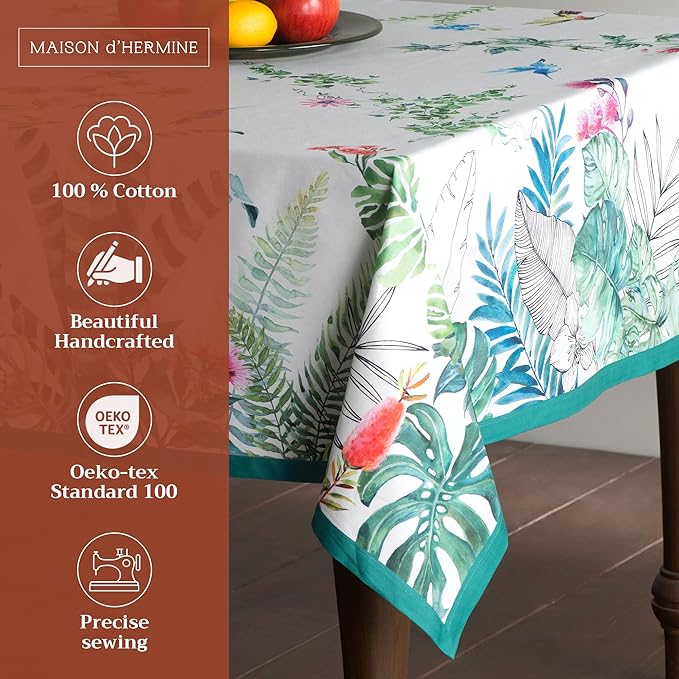 Maison d' Hermine Table Cloth Rectangle Table 100% Cotton 60 x 108 Inches Tablecloth Reusable Decorative for Dining Room Farmhouse Home Valentines Day Decorations Spring Summer - Tropiques