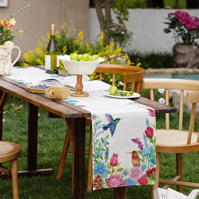 Summer Floral Hummingbird Table Runner Green Leaves Burlap Table Runners - Image 7