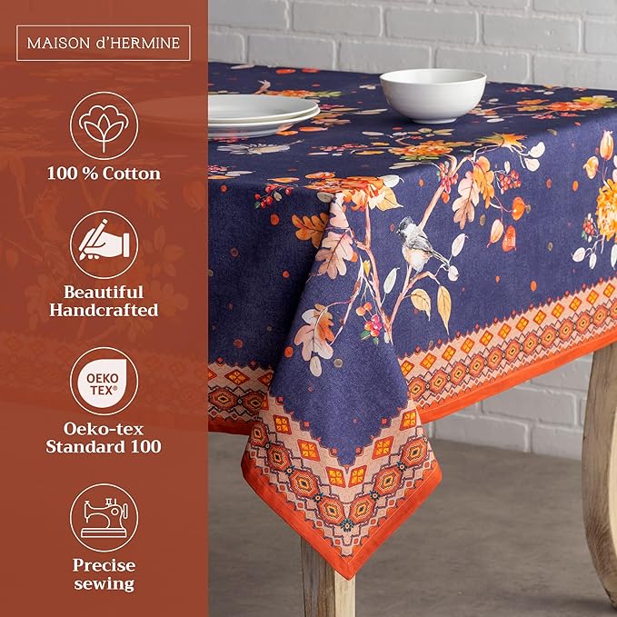 Maison d' Hermine Table Cloth Square Table 100% Cotton 60 x 60 Inches Fall Tablecloth Reusable Everyday Use for Thanksgiving Christmas Decorations Dining Farmhouse Party (Kelim - Infinity)