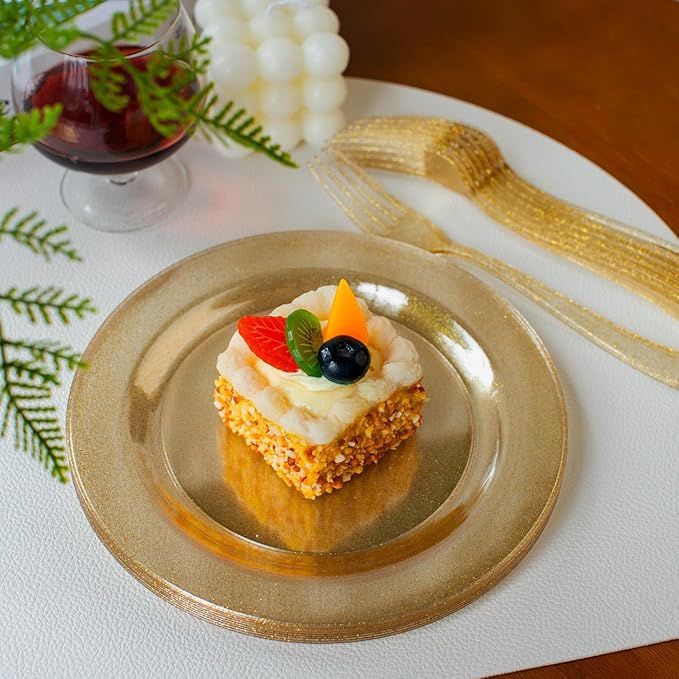 I00000 72 Pieces Plastic Dessert Plates 7.5" & 72 Pieces Gold Disposable Forks 7.4" with Gold Glitter, Gold Disposable Plates, Plastic Salad Plates for Birthday, Wedding & Party