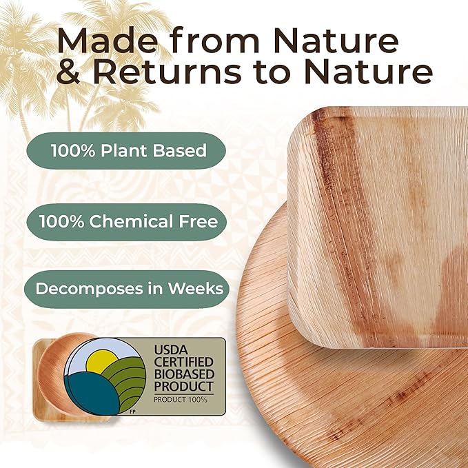 Indie Palm Disposable Palm Leaf Plates – 100 Pack 8 Inch Round – Heavy Duty, 100% Compostable & Biodegradable – Eco-Friendly Alternative to Plastic & Bamboo – Perfect for Parties & Events