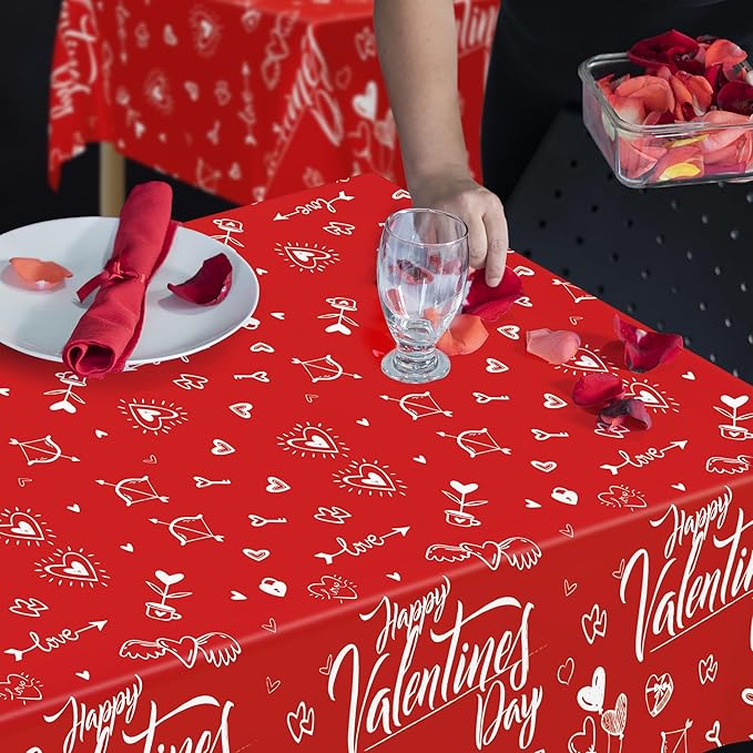 QZYL 4 PCS Valentines Plastic Tablecloths, 54" X 108" Love Heart-Shaped Tablecloths, Disposable Red Valentines Decorations, Rectangle Romantic Galentines Party Favors for Wedding Anniversary Supplies