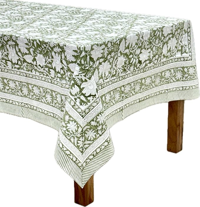 ATOSII Noori Green 100% Cotton Tablecloth, Block Print Rectangle Table Cover for Dining, Parties, Weddings, Outdoors, Holidays, 60 X 90 Inches I 6 Seater I Grandmillennial Preppy Boho Farmhouse Summer