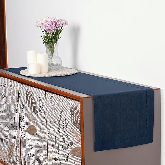 D'Moksha Homes Linen Navy Blue Table Runner 120 Inches Long - 100% Pure Linen Hemstitch 14 x 120 Inch Table Runner for Dining, Easter - Classic Hemstitch