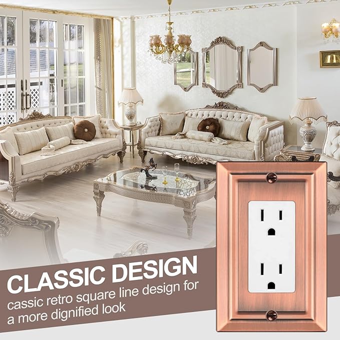 Metal Wall Plate for Electrical Outlets, Decorative Antique Copper Switch Plates Outlet Cover, Light Switch Cover Plate, 1-Gang Wall Plates (Single Decoretor, 6 Pack)