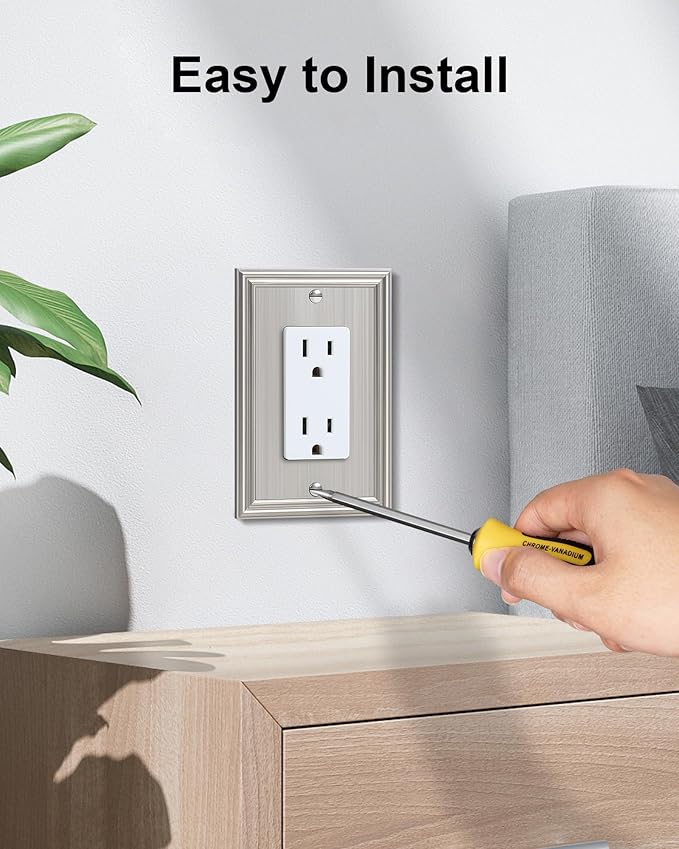 6-Pack Decorator Outlet Cover Plate, Brushed Nickel Decorative Switch Plates and Outlet Covers, Durable Zinc Alloy Wall Plates for Electrical Outlets, Receptacle, GFCI Outlet, Dimmer Switch