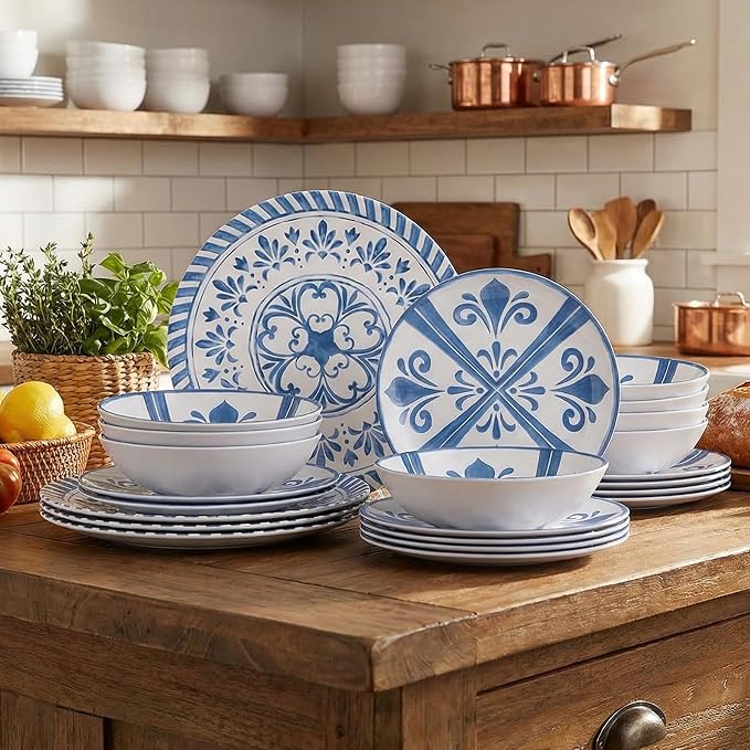 Melamine Dinnerware Sets for 4, 12-Piece Plates and Bowls Sets by Yinshine
