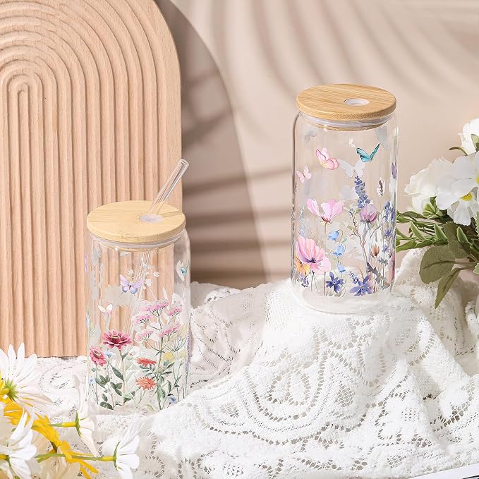 Mumufy 2 Pack Wildflower Glass Cups Gift Aesthetic Cute Glass Cup Tumbler - Image 4