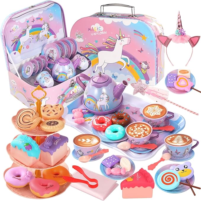 55Pcs Tea Party Set for Little Girls, Princess Tea Party Set, Unicorn Kid Tin by QuietFlower