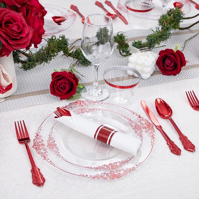 Hioasis 175pcs Clear and Red Plates - Red Party Plates for 25 Guest, Include 50 Heavy-duty Plates(20% Thicker Than Standard), 25 Pre Rolled Gold Plastic Silverware Set, 25 Cups
