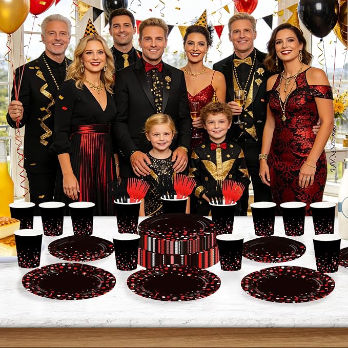 250 Pcs Black and Red Party Decorations, Serves 50 | Red Dot on Black Plates - Image 5