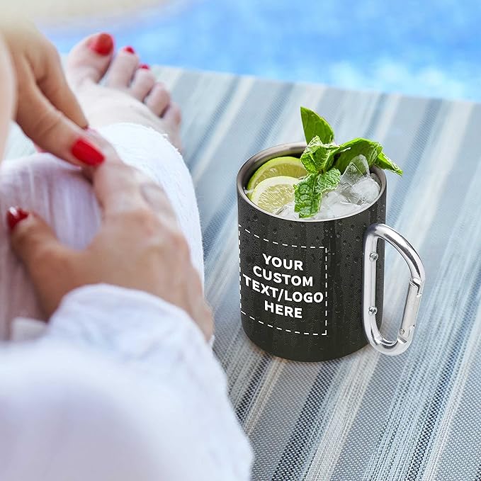 Custom Stainless Steel Mugs with Carabiner Handle 10 oz. Set of 50, Personalized Bulk Pack - Perfect for Coffee, Soda, Other Hot & Cold Beverages - Army Green
