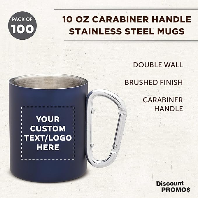 Custom Stainless Steel Mugs with Carabiner Handle 10 oz. Set of 100, Personalized Bulk Pack - Perfect for Coffee, Soda, Other Hot & Cold Beverages - Navy Blue