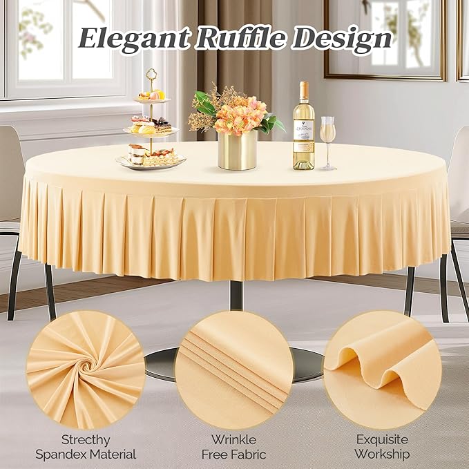 1 Pack Champagne Spandex Round Tablecloths for 60 inch Table, Stretchy Fitted 5FT Round Table Cloths,Wrinkle Free Table Cover with Skirt for Wedding Party Dining Banquet