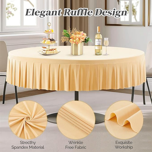 1 Pack Champagne Spandex Round Tablecloths for 60 inch Table, Stretchy Fitted 5FT Round Table Cloths,Wrinkle Free Table Cover with Skirt for Wedding Party Dining Banquet