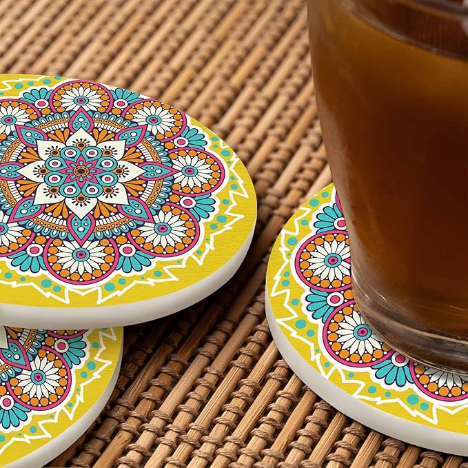Flower Mandala Round Coaster for Home Coffee Table Chinese Oriental Mystic Yellow Background Asin Ornament Farmhouse Drink Coasters 100% Diatomite 4''X 4''X 0.35'' Printed Pattern