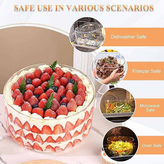 Large Salad Bowl, 8 inch Trifle Bowl Glass with Sealed Lid, Versatile Mixing and Serving Bowl for Laying Ice Cream, Cake, Cupcake, Salad, Fruit, Baking, Dessert and Party Diy, Microwave Safe