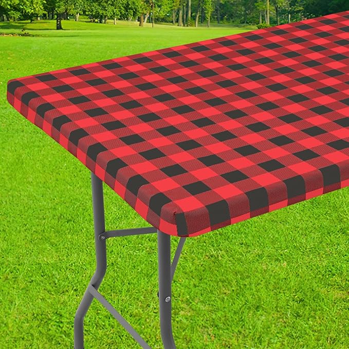 Smiry Rectangle Picnic Table Cloth, Elastic Waterproof Fitted Vinyl Tablecloths, Flannel Backed Buffalo Plaid Table Covers for Dining, Camping, Outdoor (Black and Red, 30" x 48")