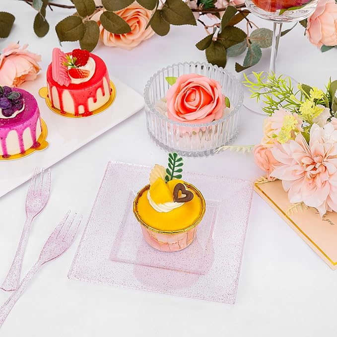 DaYammi 100Pcs Pink Dessert Plates with Forks Including 50Pcs Appetizer Plates,50Pcs Plastic Forks,Glitter Square Plate pink Disposable plates for Wedding,Plastic Cake Plate for Valentine's Day Party