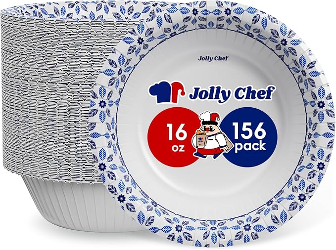 JOLLY CHEF 16 oz Paper Bowls 156 Count Soak Proof, Heavy Duty Printed Disposable Small Bowls Bulk for Dinner or Thanksgiving