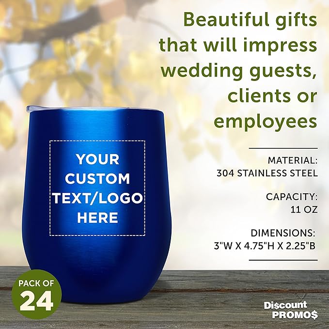 Custom Stemless Wine Glass Tumblers with Lids by Largo 11 oz. Set of 24, Personalized Bulk Pack - Perfect for Wine, Cocktails, Other Hot & Cold Beverages - Blue