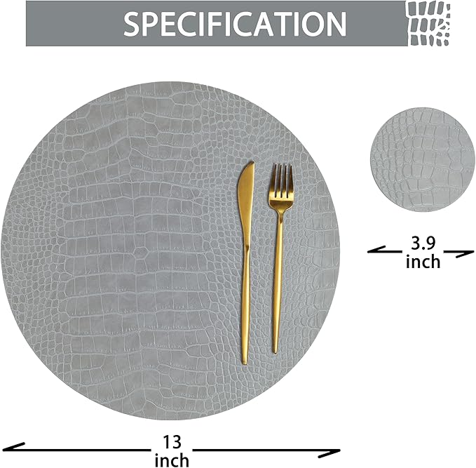 Round Leather Placemats for Round Tables Set of 4, Gray Table Place Mats and Coasters, Washable Easy to Care for Indoor Decor 13" Diameter