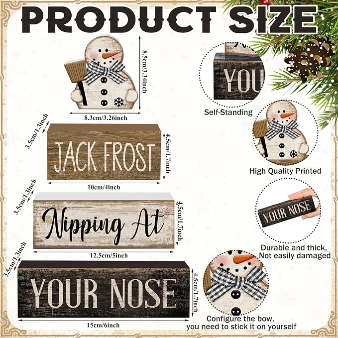 Moucuny 4 Pcs Christmas Table Decor Wooden Snowman Black and White Winter - Image 4