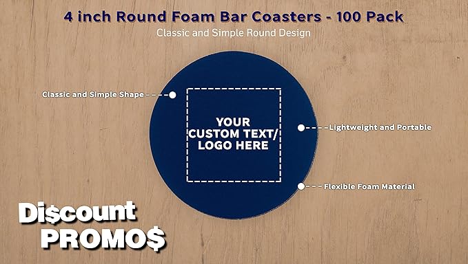 100 Round Foam Bud Coasters Pack, 4 inch - Customizable Text, Logo - PU Foam, Party Favor - Navy Blue