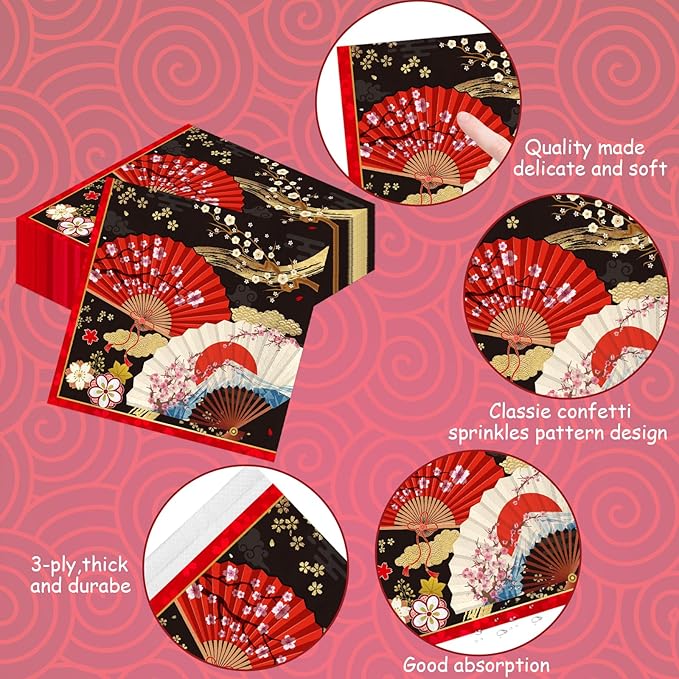 Japanese Hibachi Party Decorations, 50 Sheets Hibachi Party Napkins Supplies Disposable, Asian Japanese Style Paper Fans Paper Supplies Decor for Birthday Size 6.5 Inch