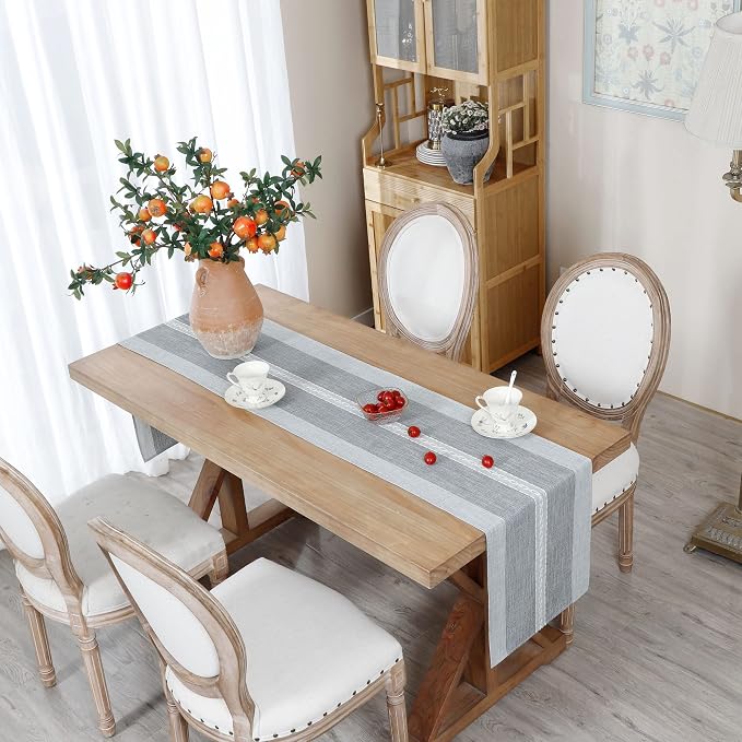 NEWISHER Farmhouse Braided Striped Embroidery Table Runner 108 inches Grey | - Image 3