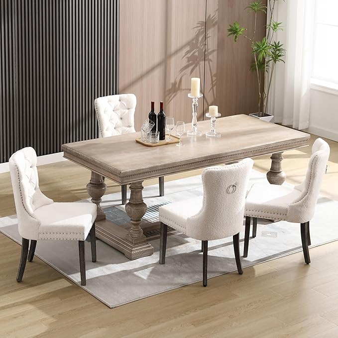 KCC Boucle Dining Chairs Set of 6, Upholstered High-end Tufted Dining Room Chair with Nailhead Back Ring Pull Trim Solid Wood Legs, Contemporary Nikki Collection Modern Style for Kitchen, Cream