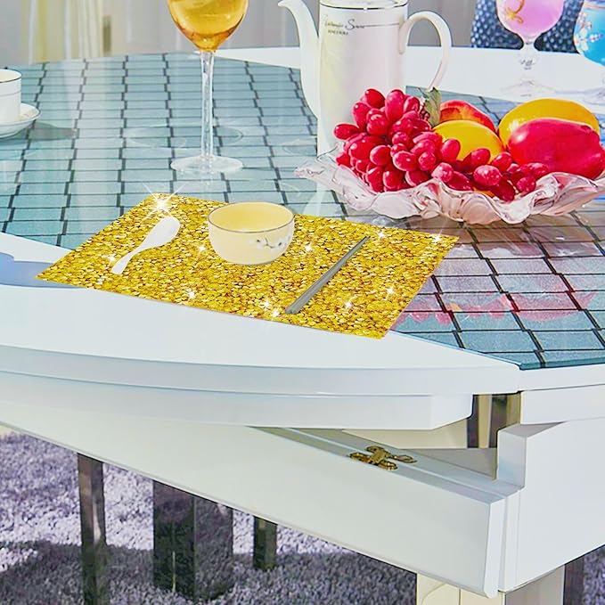 Gold Placemats Gold Heat Resistant Mat Square Placemats Trivets Rhinestone Decor Place Mat Crushed Diamond Decor Bling Sparkly Mat Set of 2
