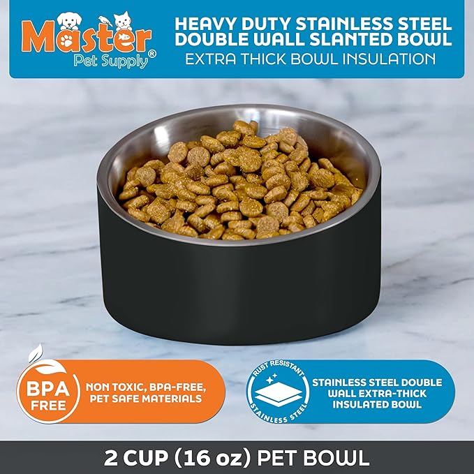 Master Pet Supply Stainless Steel Slanted Dog Cat Food Bowl - 16 oz Heavy Duty - Black Velvet, Double Wall Insulated, Non-Slip Elevated Bowl for French Bulldogs Pugs Cats, Anti Rust Dishwasher Safe