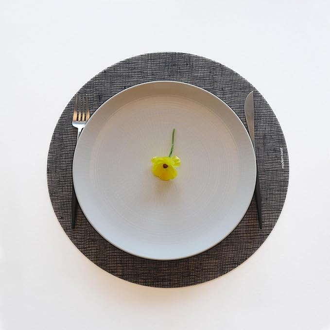 modern-twist 15" Round Silicone Placemat, BPA, PVC-Free Table Mat, Dishwasher Safe, Linen Print in Black, Pack of 1