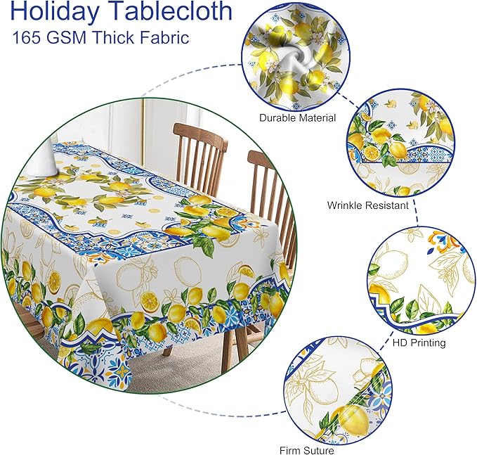 Lemon Tablecloth 60 Inch Round, Yellow and Blue Mediterranean Summer Decor Tile Flower Pattern Table Cloth Italian Themed Decor for Party Table Cover for Dining Room
