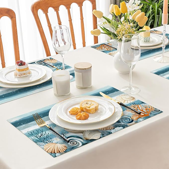 Ocean Seashell Placemats Set of 6, Beach Starfish Place Mats, Coastal Marine Life Waterproof Washable Table Mats for Home Party Indoor Kitchen Dining Table Decoration 12x18 Inch