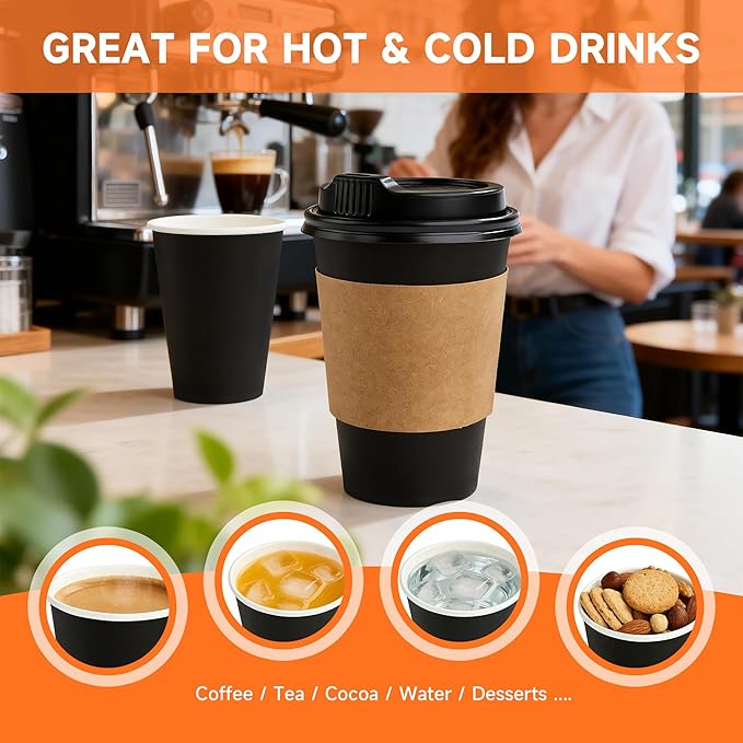 50 Pack 12 oz Disposable Coffee Cups with Lids and Sleeves, Sturdy Paper Cups for Hot/Cold Drinks, Leak-Proof To Go Coffee Cups with Lids for Home, Café, Events, Office, Black