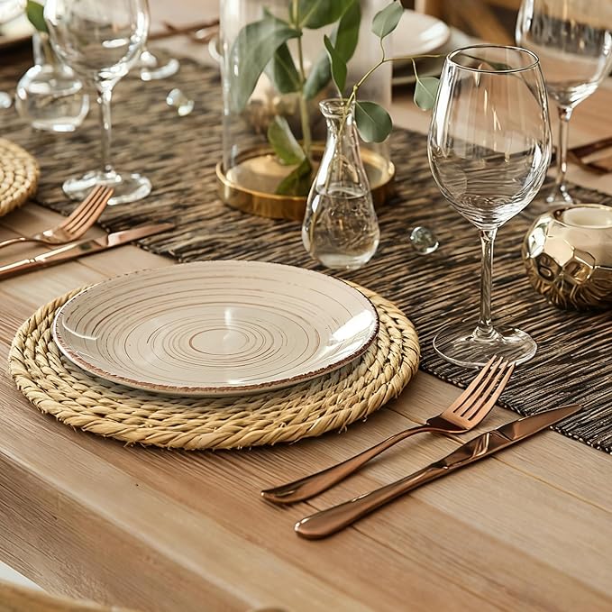 Elcoho 4 Pieces Round Woven Placemats 13.8 Inch Boho Rattan Placemats Farmhouse Braided Place Mats Woven Plate Chargers Rustic Wicker Table Mats for Dining Table