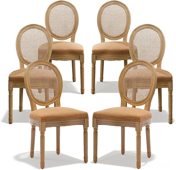 SoarFlash French Dining Chairs Set of 6, Vantage Dining Chair with Round Back, Wood Leg Farmhouse Country Rattan Dining Chair for Kitchen,Bedroom,Brown