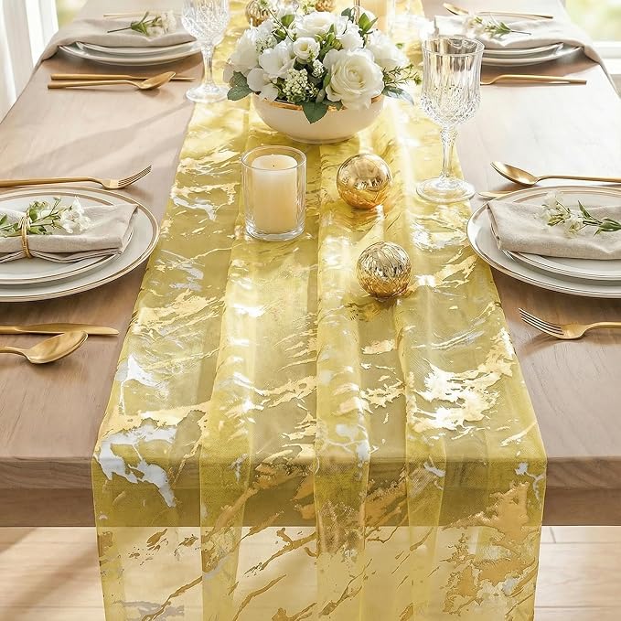 Artoid Mode Marble Pattern Yellow Gauze Table Runner 10FT, Glitter Metallic - Image 6