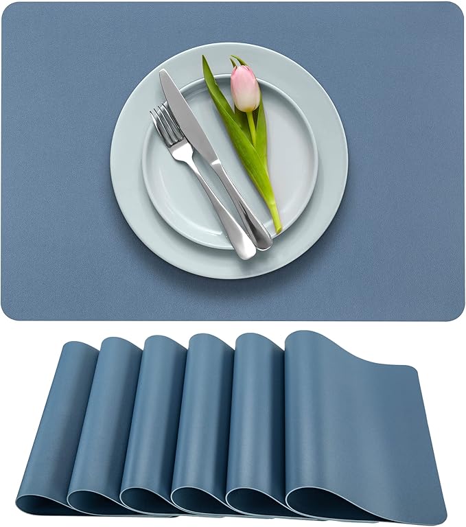 More Décor Faux Leather Placemats Set of 6 for Dining Table – Waterproof, Wipeable, Washable, Stain & Heat Resistant, Non-Slip Table Mats – 12 X 17 Inch, (Solid Blue, 6)