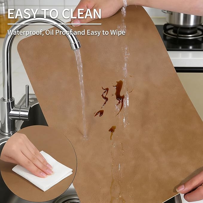 Faux Leather Placemats Set of 6, 18×12 Inch Waterproof Wipeable PU Place Mats Heat Resistant Anti Slip Dining Table Place Mats for Kitchen Dining Indoor & Outdoor Use (Light Brown)