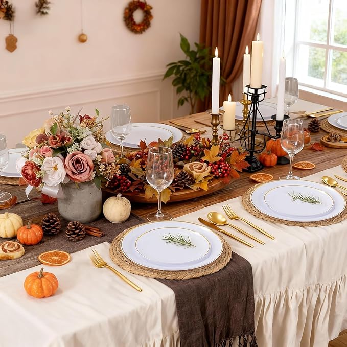 MirthMood 210Pcs Disposable Plastic Plates Set, Gold and White Plastic Party Plates, Includes:30 Dinner Plates, 30 Dessert Dinnerware, 30 Cups, 30 Napkin Cutlery for Spring Wedding,Birthday Party