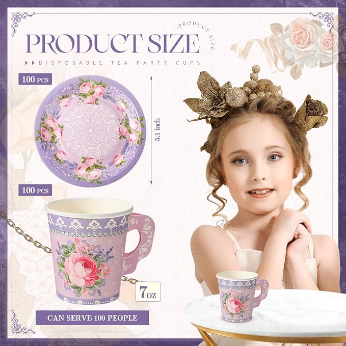 Nuogo 200 Pcs Floral Paper Tea Cups and Saucers 7 oz Disposable Paper Teacups - Image 2