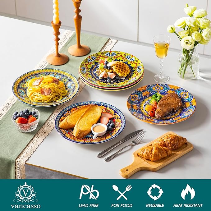 vancasso Bohemian Dinner Plates Set of 6, 10.5 Inch Ceramic Kitchen Plates for Dinner, Colorful Printed Dishes for Dining, Microwave & Dishwasher Safe Plate Set, Series KRVI
