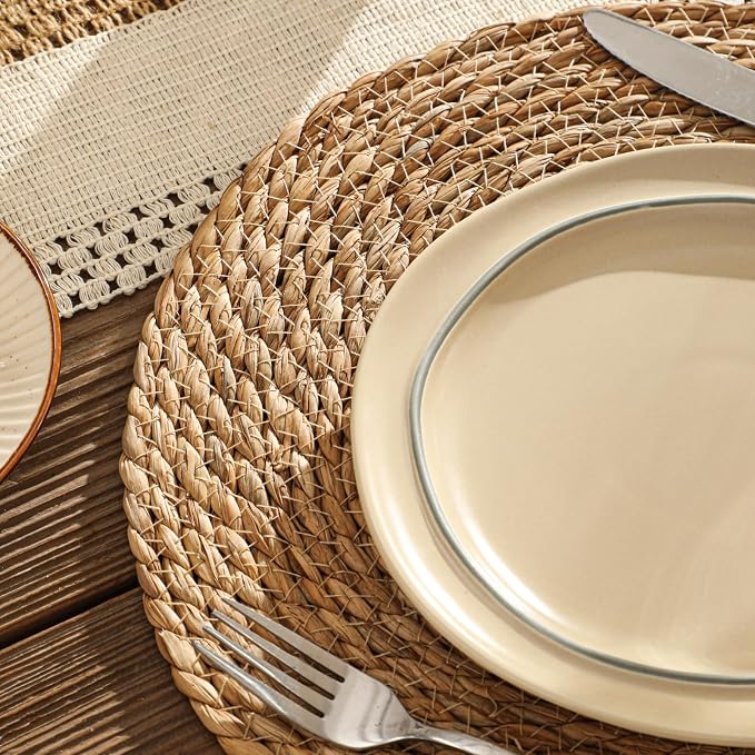 13.8'' Round Woven Placemats Set of 6, Boho Wicker Chargers, Terrekraft | - Image 2