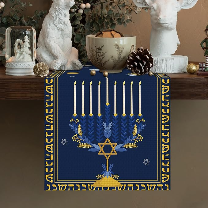 Hanukkah Burlap Table Runner Seasonal Kitchen Dining Linen Table Decoration - Image 2
